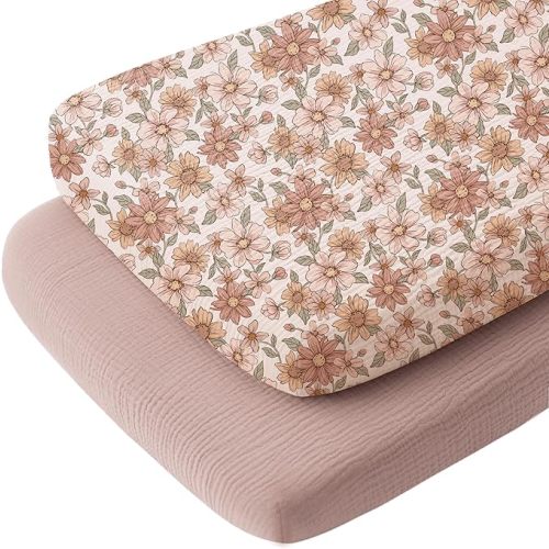 Konssy Muslin Fitted Bassinet Sheets 2 Pack for Baby Girl Boy, Soft Bedside Sleeper Bassinet Sheets Fit for Baby Bassinets, Moses Basket Oval Rectangle Pad/Mattress(Vintage Petals,Taupe)