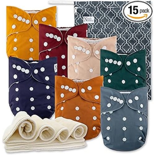 Nora's Nursery Cloth Diapers 7 Pack with 7 Inserts & 1 Wet Bag - Waterproof Cover, Washable, Reusable & One Size Adjustable Pocket Diapers for Newborns and Toddlers-Pacific Neutrals - 7 Count (Pack of 1)