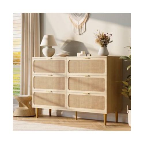 Rattan 6 Drawer Dresser for Bedroom with Wide Top, Large Double Dresser for Closet with Deep Drawers, Wooden Chest of Drawer for Living Room, Entryway, Hallway, Kids Room