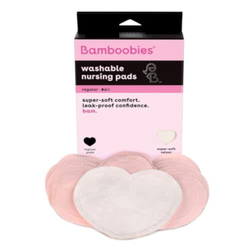 Bamboobies Women’s Nursing Pads, Reusable and Washable for Daily Use, Leak-Proof Pads for Breastfeeding, Pink, 12 Pads