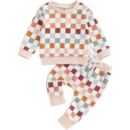 Karwuiio Toddler Baby Boy Girl Clothes Checkerboard Print Long Sleeve Sweatshirt Tops and Pants Fall Clothing Set - Multi-color - 12-18 Months
