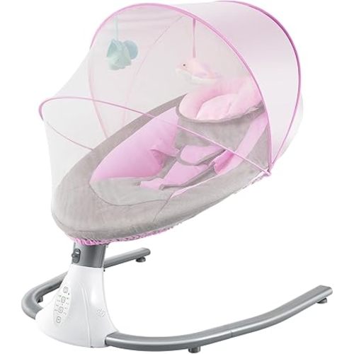 Electric Baby Rocking Chair Bed, with Removable Dolls, Bluetooth Baby Crib Cradle with Remote Control & Music, Folding Baby Rocking Chair,Gray/Blue/Pink (Pink)