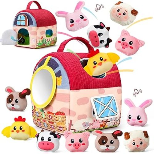 Baby Toys 6-12 Months, Surprise Barn With 12 PCS Stuffed Farm Animals, Mirror, Montessori Sensory Developmental Learning Toys For 6-12 Months, Ideals 6 7 8 9 Month Old Baby Boy Girl Gifts Toy