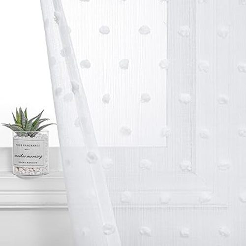 MYSKY HOME Kitchen Curtains 54 Inches Long Small Window Curtains for Bathroom Cafe Bedroom White Pom Pom Curtains for Nursery Boys Room Rod Pocket 2 Pieces Drapes 52 x 54 inch Length