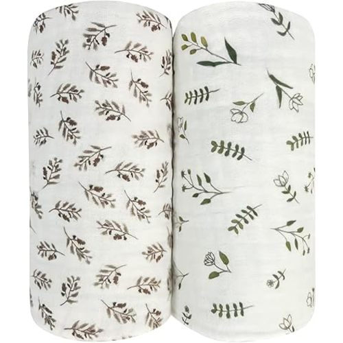Ultra Soft Muslin Baby Blanket Pack of 2 Cotton Swaddles Bed Blankets Super Soft Lightweight for Babies and Toddlers Boys Newborn 42 x 42 inches Floral (Green and Coffee)
