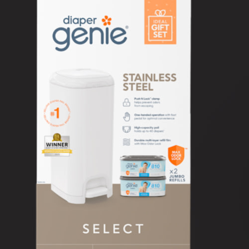 Diaper Genie Select Pail Registry Gift Set (White) | Made of Durable Stainless Steel Metal | Includes 2 Jumbo Refills | Holds 1620 Newborn Diapers