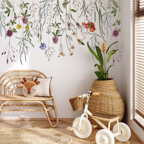 Botanical Meadow Flower Wall Decal Border - Easy to Apply Peel and Stick Floral Wall Stickers for Nursery Wall Decoration and Decor
