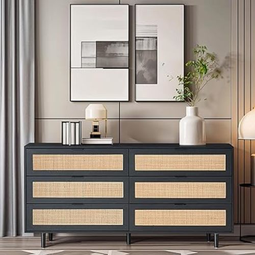 6 Drawer Double Dresser for Bedroom,Natural Rattan Modern Drawer Chest,Wooden Storage Wardrobe Dresser with Black Handles,Floor Standing Storage Cabinet, for Entrance,Living Room,Hallway (Black)