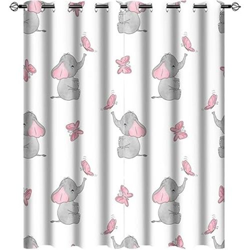 Elephant Kids Grommet Blackout Curtains for Girls Boys Home Decor Cute Elephant and Butterfly Drop Thermal Insulated Draperies W42 x L45 Inch