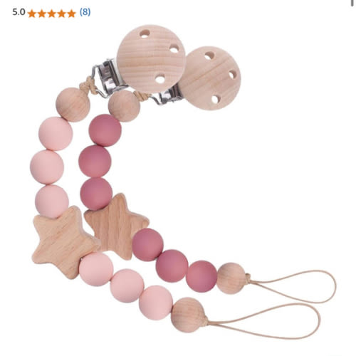 2Pcs Wood Star Silicone Pacifier Clip for Baby Girl Rose Pacifier Holder Binky Clips