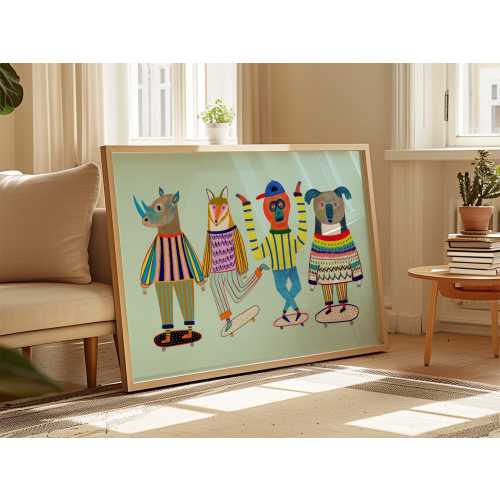Skating Friends Art Print, Kids Wall Decor, Children's Room, Birthday Gifts, Christmas, Bright Colorful Animal Artwork, Boys/Girls Nursery