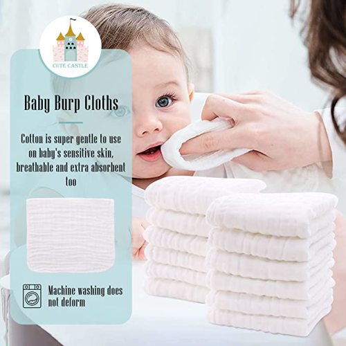 Cute Castle 12 Pack Muslin Burp Cloths for Baby - Ultra-Soft 100% Cotton Baby Washcloths - Large 20'' by 10'' Super Absorbent Milk Spit Up Rags - Burpy Cloths for Unisex, Boy, Girl - White - 20x10 Inch (Pack of 12)