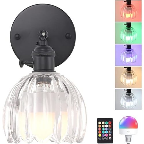 Vintage Battery Operated Wall Sconce with Transparent Tulip Glass Lampshade Wireless Rechargeable Battery Powered Black Wall Light with Remote Control for Bedside Bedroom Doorway