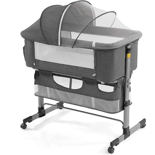 Bedside Sleeper Bedside Crib, Baby Bassinet 3 in 1 Travel Baby Crib Baby Bed with Breathable Net, Adjustable Portable Bed for Infant/Baby,Gray