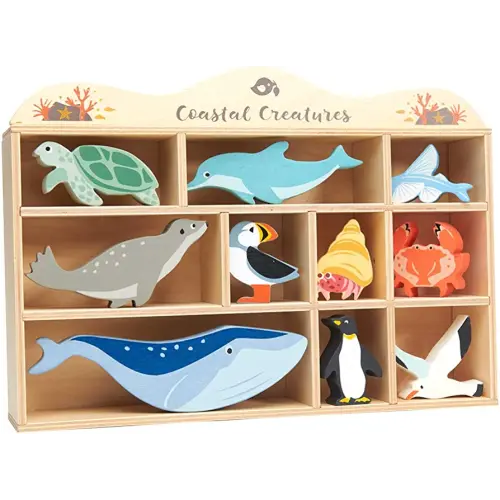 Tender Leaf Toys Coastal Creatures – 8 Wooden Ocean Animal Figurines with a Display Shelf - Classic Toy for Pretend Play – Develops Creative & Imaginative Skills – Learning Role Play – Ages 3+ Years