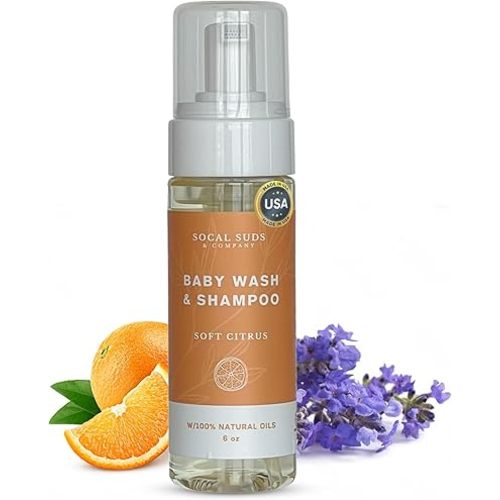 SoCal Suds & Company - 2-in-1 Organic Foaming Shampoo & Body Wash - Gentle Botanical Baby Wash for Sensitive Skin - Clean Natural Nourishing Soothing Castile Soap - Newborn Baby - Soft Citrus, 6oz