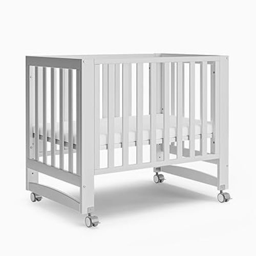 EvoNest Baby Crib, 6 in 1 Convertible Mini Crib with Wheels, 100% New Zealand Wood Growing Bed, 4 Adjustable Mattress Height， White