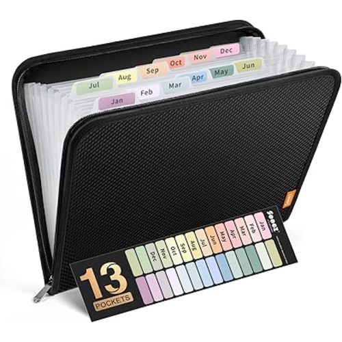 Sooez 13 Pocket Accordion File Organizer, Zipper Expanding File Folder Organizer, Reinforced Plastic Accordion Folder, A4 Letter Size, Portable Folders for Documents, Black