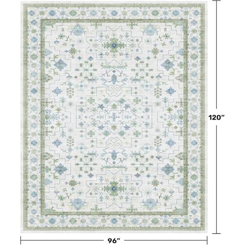 Blue and Green Living Room Rug 8x10 - Cream Oushak Vintage Boho Floral Farmhouse, Washable Low Pile Non-Slip Extra Large Area Rugs for Bedroom, Girls, Boys, Playroom, Lounge