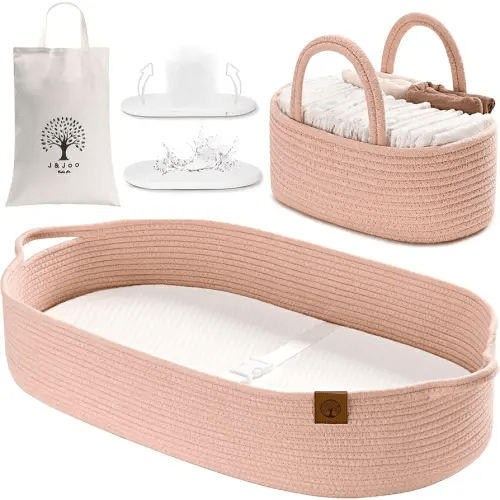 Baby Changing Basket Includes Diaper Caddy - Soft & Waterproof Dual-Cover, Portable, Changing Pad for Dresser & Changing Table, Gift for Baby Shower, Organic Cotton Rope