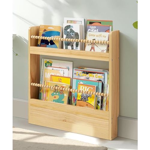 22.8 Inch Kids Bookshelf, Natural Wood Kids Book Shelf Wall Mount Organizer Shelves Bookcase Children Reading Nook Boho Decor for Kids Room Living Room Playroom Bedroom, 2 Tiers