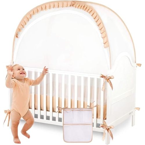 Baby Safety Crib Tent Infant Pop up Mosquito Net Nursery Bed Canopy Netting Cover - Keep Baby from Climbing Out with Hanging Diaper Storage Bag (Beige)