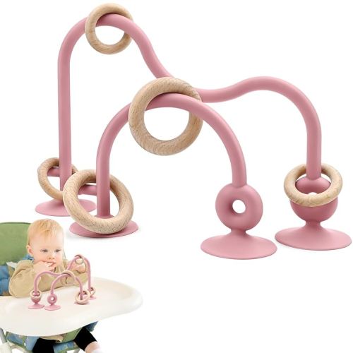 Baby Sensory Teething Chew High Chair Suction Toys for Infant Toddlers 6 12 18 24 Months, Food Grade Silicone Teether with Oak Loop Montessori Educational Baby Bath Toy Gifts (Dark Pink)