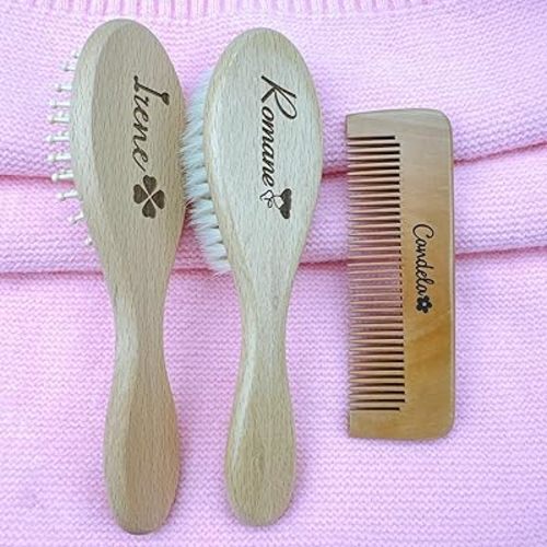 Personalised Baby Hair Brush Set, Custom Engrave Infant Name, Soft Baby Brush, Natural Wood Massage Brush and Comb, Preventing Cradle Cap(3+4+5)