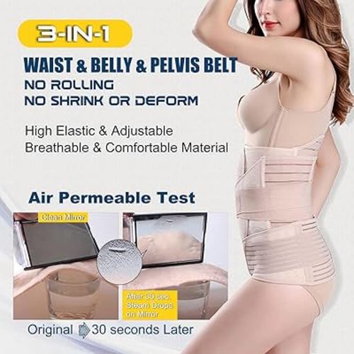 ChongErfei 3 in 1 Postpartum Support - Recovery Belly/waist/pelvis Belt Shapewear Slimming Girdle, Beige, L For Posture Correction