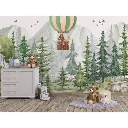 Watercolor Forest Kids Wallpaper Peel and Stick Mountain Hot Baloon Wall Mural, Trees, Bear, Rabbit and Deer Children Room Wall Mural Woodsy