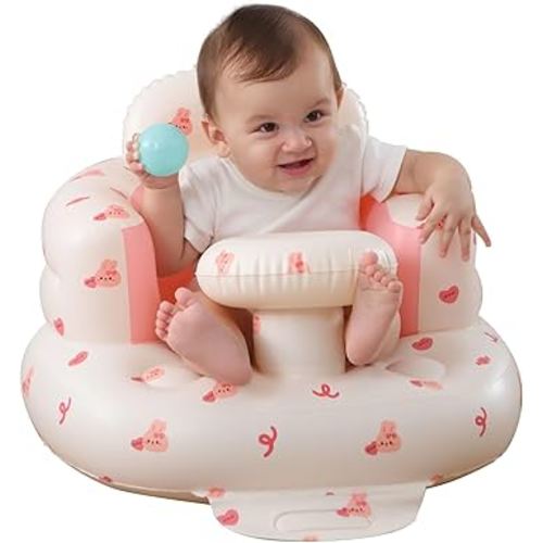 Inflatable Baby Seat for Babies 3-36 Months, Built in Air Pump Baby Chair Sit Me up Floor Seat for Baby, Bumbo Seat for Learning to Sit, Feeding, Camping (Love Bunny with Tray)