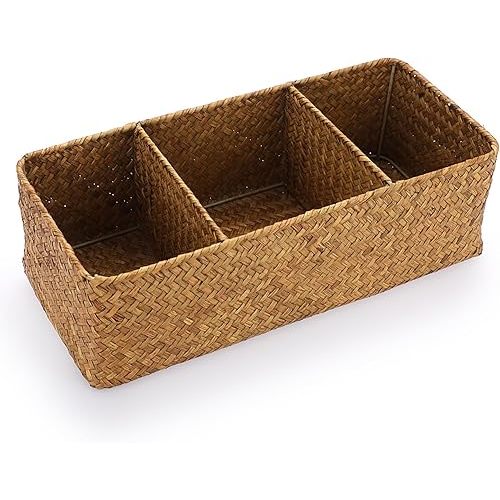 ELLDOO Woven Seagrass Wicker Rattan Storage Basket, Large Capacity Coffee Pod Holder Organizer for K Cup Nespresso Pods, 3-Section Seagrass Storage Box for Coffee bar Shelves Kitchen Cabinets,Brown