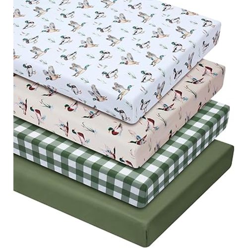 VitalCozy 4 Pcs Mallard Duck Crib Sheet Set Newborn Bedding Nursery Baby Sheets for Girl Boys Baby Gifts for Standard Crib and Toddler Mattresses, 52 x 28 x 8 Inches