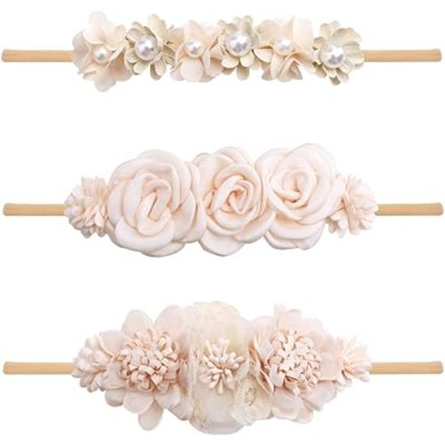 Baby Girl Nylon Headbands Flower Hair Bows Accessories-Elastic Hair Band Crown Handmade FLoral Wraps Birthday Gifts for Girls Newborn Infant Toddler 3Pcs