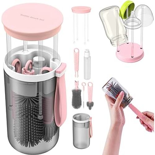 Baby Bottle Brush&Travel Baby Bottle Drying Rack-Portable Baby Bottle Cleaning Silicone Brush, Bottle Cleaner Brush Kit,New Mom Gifts for Women After Birth (Pink)