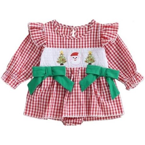 Baby Girl Christmas Outfit Santa Tree Embroidery Plaid Smocked Romper Dress Long Sleeve Bodysuit Newborn Fall Clothes