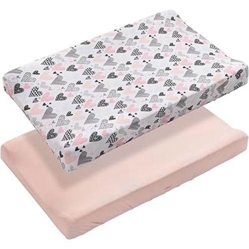 Pack of 2 Changing Pad Cover, 100% Cotton Breathable Changing Table Cover, Ultra Soft Diaper Changing Pad Covers Sheets for Newborns Infant Babies Girls Boys (Pink and Hearts)