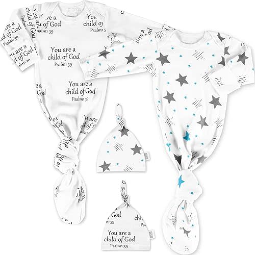 Ocean Drop Designs Baby Gowns 2 Packs (0-6 M) - 100% Cotton Newborn Coming Home from Hospital Outfit, Knotted Gown Baby Newborn, Baby Nightgown, Baby Hospital Outfit, Newborn Outfit for Boys & Girls