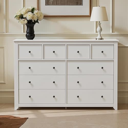 White 10 Drawer Dresser, 52" Large Wide Chest of Drawers, Wooden Dresser Storage Cabinet with 10 Drawers for Bedroom, Long White Dressers for Nursery, Living Room, Hallway