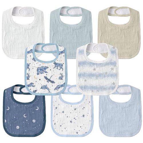 GLLQUEN BABY Muslin Drool Bibs for Boys Girls 8 Pack, Adjustable Baby Bibs for Drooling and Teething, Soft Cotton Baby Bandana Bib for Newborn Feeding Essentials (Star)