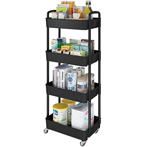 Laiensia 4-Tier Rolling Cart with Wheels,Multifunction Utility Storage carts, Kitchen Storage Organizer,Mobile Shelving Unit for Bathroom,Laundry,with Classified Stickers,Black