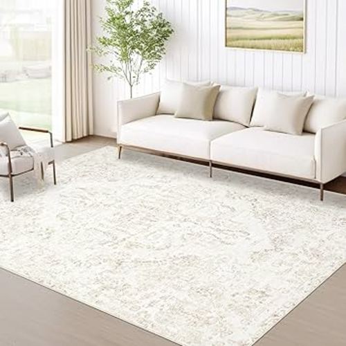 6x9 Area Rugs for Living Room: Washable Rug Vintage Large Rugs Soft Non Slip Low Pile Rug Floral Distressed Floor Carpet for Bedroom Kitchen Nursery Dining Room Home Office (Beige, 6'x9')