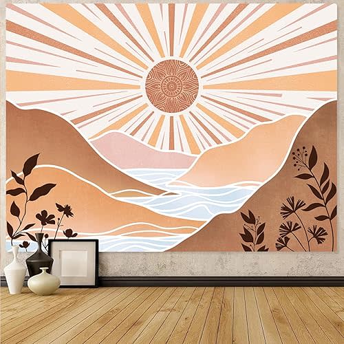 Accnicc Boho Sun Mountain Tapestry Vintage 70s Abstract Rainbow Sunset Sunrise Tapestries for Bedroom Aesthetic Retro Gold Art Sunshine Classroom Tapestry Wall Hanging for Living Room Dorm (Brown, 48'' × 36'')