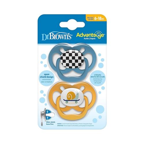 Dr. Brown's Advantage Baby Pacifier, Fully Symmetrical Soother with Soft Silicone Bulb, Skateboard Snail, 6-18m, BPA Free, 2 Pack