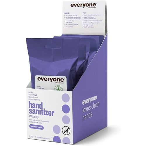 Everyone Hand Sanitizer Wipes, 15 Wipes (Pack of 6), Lavender and Aloe, Plant Derived Alcohol with Pure Essential Oils