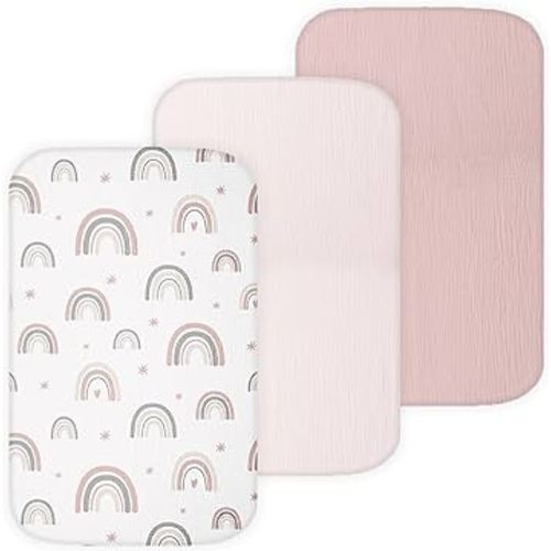 Muslin Bassinet Sheets Compatible with AMKE, Angel Bliss, Baby Joy, Maxi-COSI Baby Bedside Sleeper TansyPanda, 3 Pack, 20×33 in, Ultra Soft, Breathable, Snug Fit, Unisex Boys and Girls, Pink Rainbow