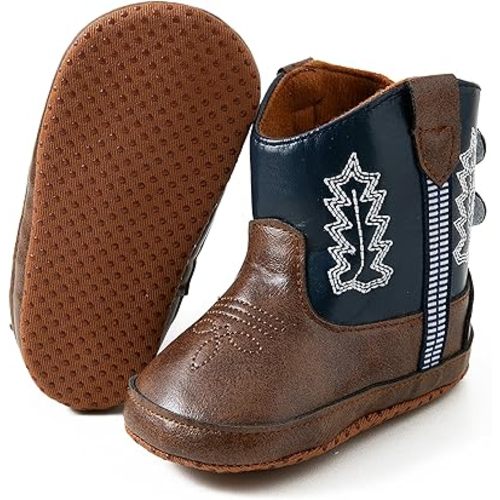 Jastore Leather Western Boots Cowboy Bootie Soft Sole Non-Slip Crib Shoes for Baby Infant Toddler