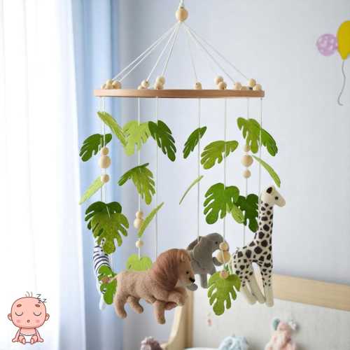 Safari Baby Mobile – Jungle Crib Mobile with Felt Animals and Leaves – Nursery Decor for Boys & Girls – Baby Shower Gift Handmade