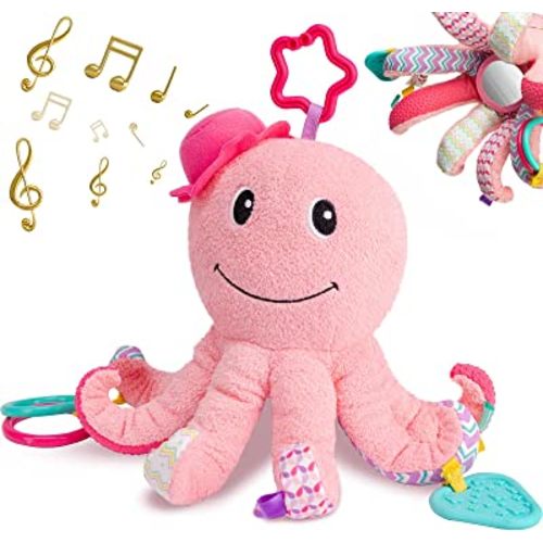 Sumobaby Infant Baby Stuffed Animal Activity Soft Toys, Baby Teething Toys with Multi-Sensory Crinkle, Rattle,Textures and Mirror, for Tummy Time Newborn 0-3-6-12 Months Girls, Octopus, Pink (Musical)