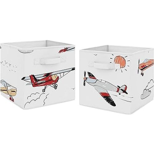 Sweet Jojo Designs Vintage Airplane Foldable Fabric Storage Cube Bins Boxes Organizer Toys Kids Baby Childrens - Set of 2 - Grey Yellow Orange Red White Blue Airplanes Air Plane Transportation Clouds